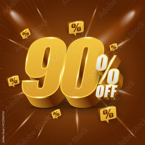 90 percent off, discount concept, or bonus. Promotional price with 3D illustration of golden numerals.