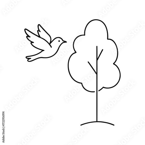 Simple bird flying to a tree icon for nature, spring, or peace themed designs and branding needs