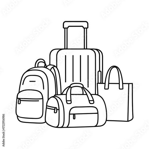 Ready for adventure with luggage essentials like suitcase, backpack, duffel, and tote bag in black outlines