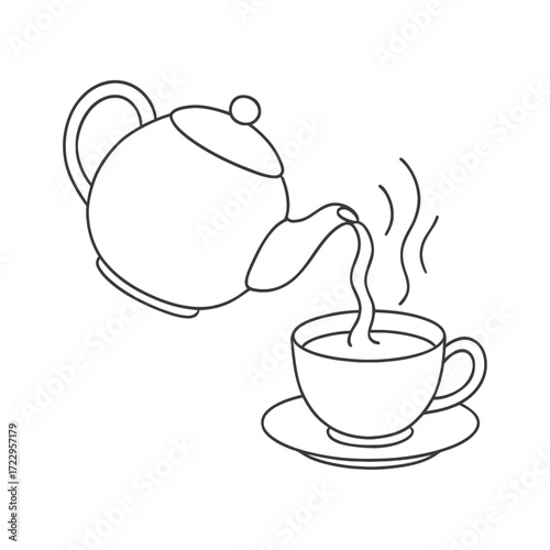Enjoy a warm cup of tea from a teapot with steam rising, perfect for a cozy morning or afternoon