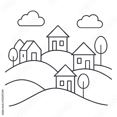 Charming minimalist village illustration with rolling hills and quaint houses, perfect for storybooks