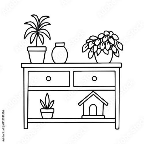 Elegant console table with houseplants and birdhouse accent for a modern interior design concept