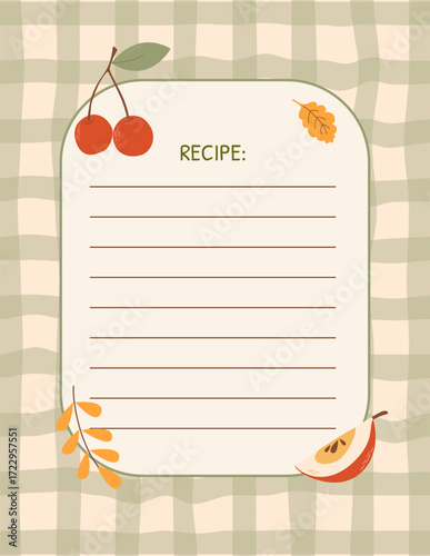 Blank recipe form. Cookbook page. Cute vertical template with frame for recipes. Copy space