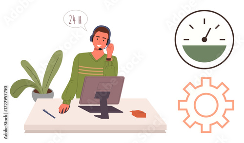 Man at desk with headset, computer, clock, and gear symbolizing customer service, productivity, and efficiency. Ideal for customer support, teamwork, technology service time management