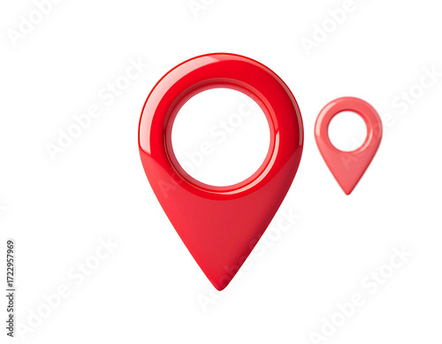 Two glossy red map location markers; one large, one small, on a black background