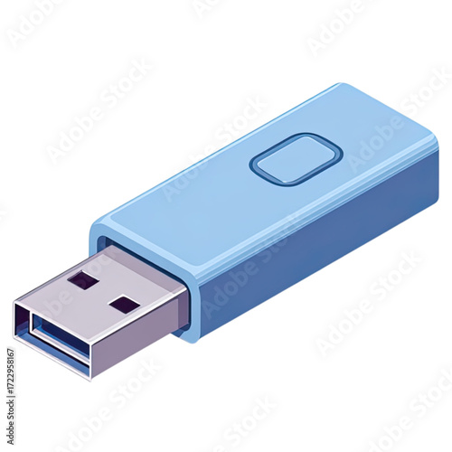 Blue USB stick with silver connector in an isometric view