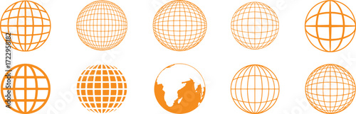 Collection of Orange Globe Icons with Grid and Continent Designs