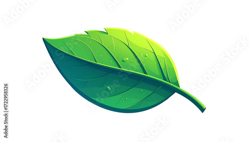 Vibrant green leaf with dew drops, slightly jagged edges, rendered in a stylized, almost pixelated manner, exhibiting a glossy sheen and subtle lighting effects