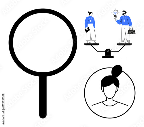 Magnifying glass, professionals balancing on scale with idea bulb, and woman s profile circle. Ideal for recruitment, equality, decision-making, leadership, personal growth, assessment diversity