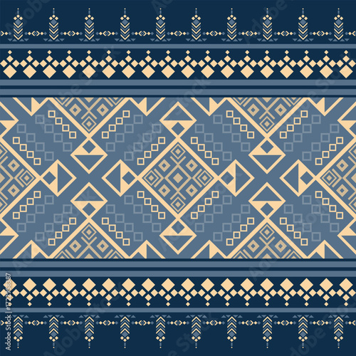 Geometric Textile Motif in Blues and Beige