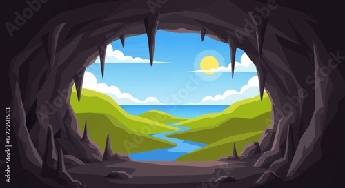 Dark cave interior with stalactites and stalagmites.