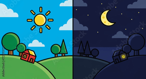 Day and Night Landscape Illustration with Sun and Moon.