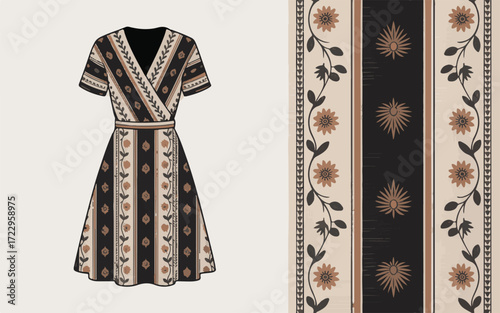 Boho Wrap Dress with Ethnic Geometric Patterns and Matching Fabric Swatch bohemian