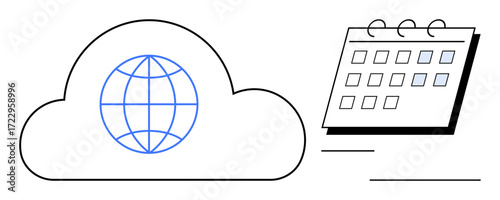 Cloud featuring globe icon paired with a calendar, representing global cloud services, online scheduling, remote work. Ideal for technology, data sharing, time management, organization, digital