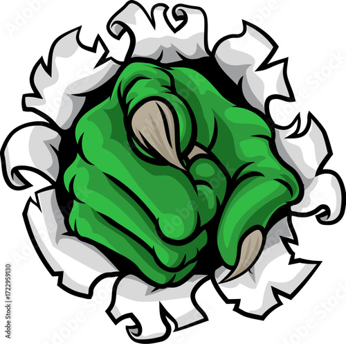 Cartoon Halloween illustration of monster claw hand with sharp nails or talons, pointing directly at viewer.