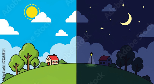 Day and Night Landscape with House and Trees.