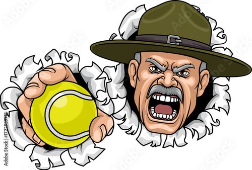 An angry drill instructor or sergeant bootcamp army soldier cartoon character holding tennis ball sports team mascot illustration.