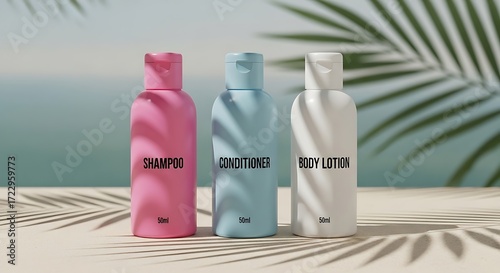 Colorful travel-sized toiletries with tropical vibes for vacation essentials