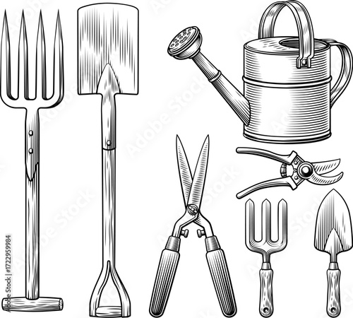 Vintage woodcut style illustration of gardening hand garden tools