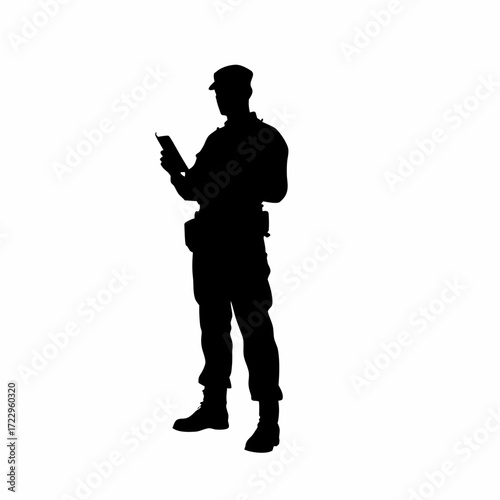 Silhouette of a police officer recording evidence on a tablet isolated on a white background