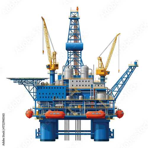 A detailed illustration of an offshore oil rig platform used for deep sea drilling and petroleum extraction isolated on a white background