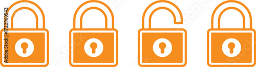 Four Orange Padlocks: Two Locked, One Unlocked, One Locked Again