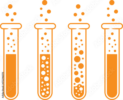 Four Orange Test Tubes with Bubbles and Liquid, Science Experiment Icon