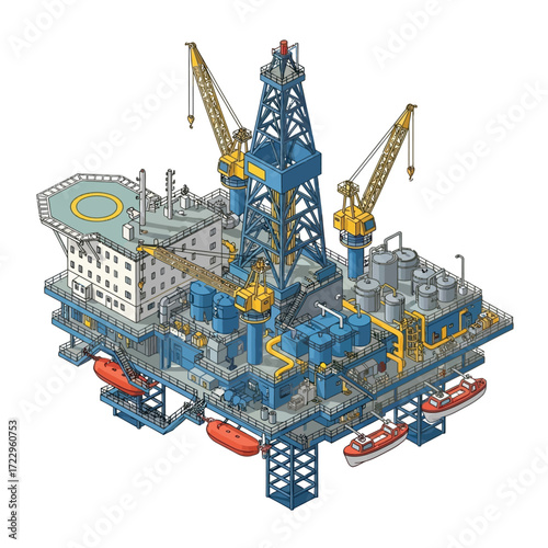Isometric illustration of an offshore oil and gas drilling rig platform with a helipad and cranes isolated on a white background