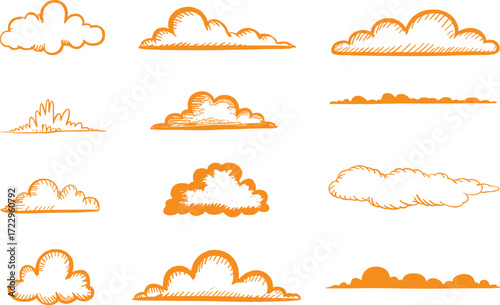 Hand-Drawn Orange Clouds Collection: Diverse Styles and Shapes