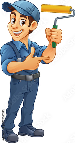 A painter decorator handyman cartoon mascot man holding a paint roller and pointing