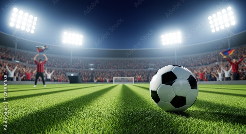 Obraz premium A soccer ball sits on the field in a stadium filled with cheering fans under bright stadium lights on a clear night