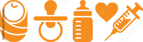 Orange Icons: Baby, Pacifier, Bottle, Heart, Syringe - Healthcare & Family
