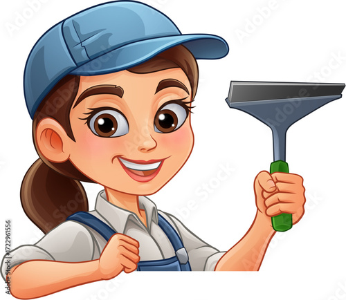 A woman female window cleaner or car wash worker holding a squeegee cleaning tool.