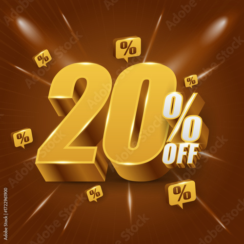 20 percent off, discount concept, or bonus. Promotional price with 3D illustration of golden numerals.