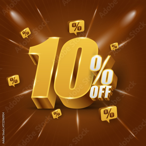 10 percent off, discount concept, or bonus. Promotional price with 3D illustration of golden numerals.