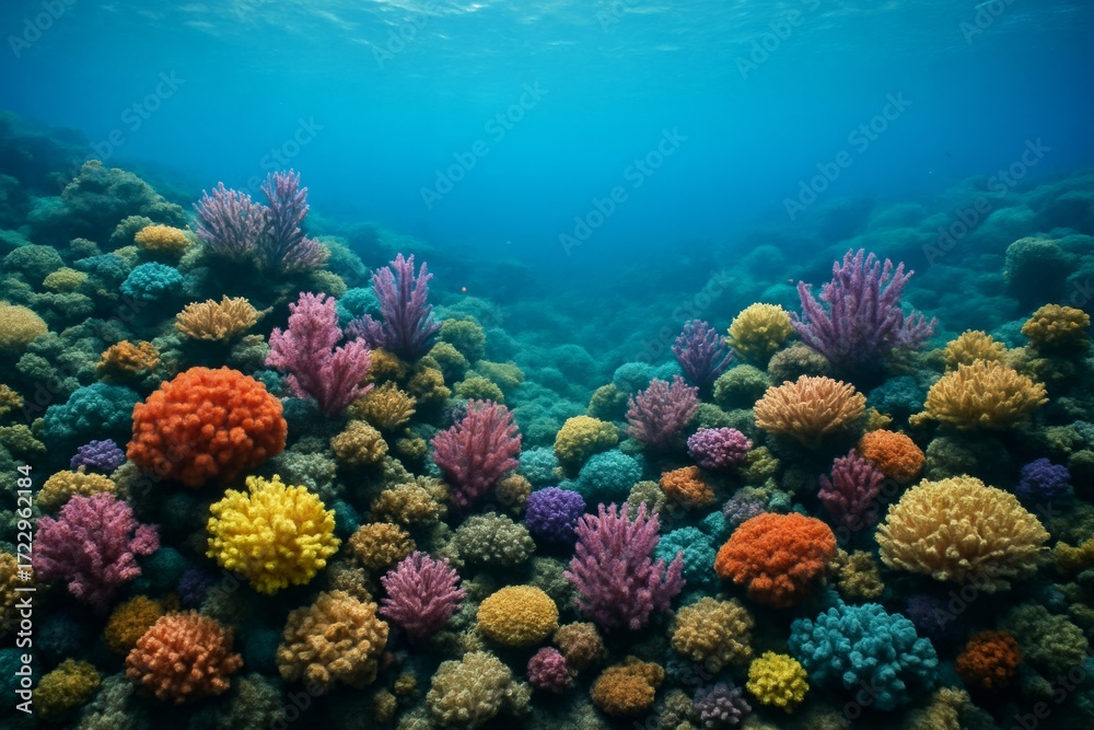 Naklejka premium Colorful coral reef underwater scene with vibrant marine life and clear blue ocean background, representing marine biodiversity concept. Ai generative