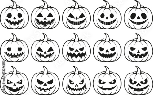 Fifteen Black And White Halloween Pumpkin Faces jack o lantern