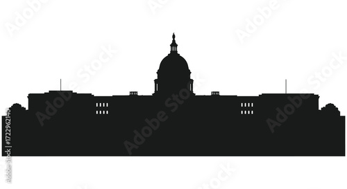 Dramatic black silhouette of a stately capitol building against a white background silhouette