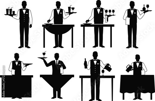Waiter silhouette, serving drinks, hospitality staff, restaurant service, tray pose, formal attire, black vector, beverage scene, dining gesture, professional