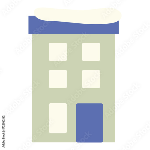 Snow covered apartment building with blue roof illustration