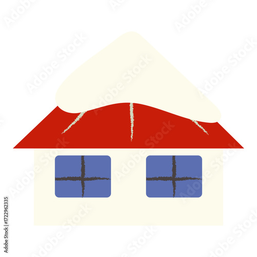 Snow covered house with red roof and blue windows illustration