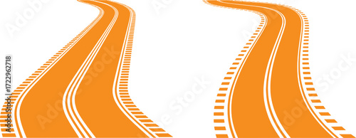Two Orange Winding Roads with White Stripes on a White Background