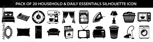 Vector art of pack of 20 household and daily essentials silhouette icons, including furniture, appliances, and decor