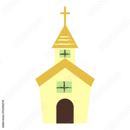 Yellow church building with cross illustration