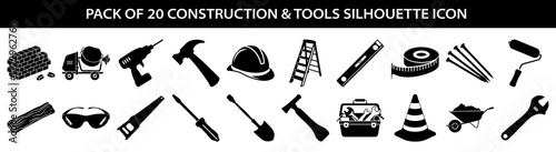 pack of 20 construction and tools silhouette icons, featuring a cement mixer, drill, hammer, hard hat, ladder, measuring tape, and wrench