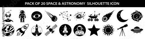 Vector art of pack of 20 space and astronomy silhouette icons including alien, astronaut, rocket, planet, satellite, telescope, ufo, moon, sun, star, comet, constellation, galaxy, mars rover, and eye