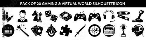 Vector art of pack of 20 gaming and virtual world silhouette icons including bullets, chess piece, dice, game controller, headset, vr headset, trophy, and more