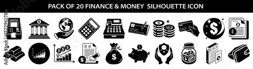 pack of 20 finance and money silhouette icons, , representing banking, investment, savings, and economic concepts