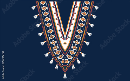 Colorful Ethnic V- Neck Collar Design with Tassels v-neck neckline