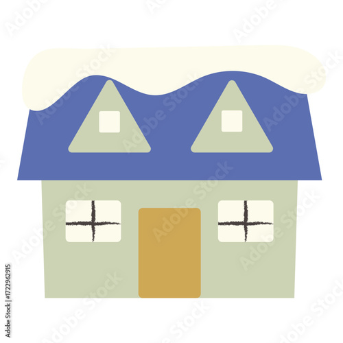 Snow covered house with blue roof illustration